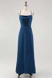 Robe de demoiselle d’honneur longue à bretelles spaghetti bleu foncé