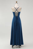 Robe de demoiselle d’honneur longue à bretelles spaghetti bleu foncé