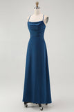 Robe de demoiselle d’honneur longue à bretelles spaghetti bleu foncé