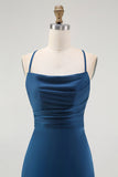 Robe de demoiselle d’honneur longue à bretelles spaghetti bleu foncé