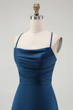 Robe de demoiselle d’honneur longue à bretelles spaghetti bleu foncé