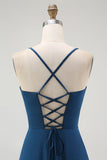 Robe de demoiselle d’honneur longue à bretelles spaghetti bleu foncé