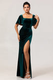 Robe de demoiselle d’honneur en velours vert paon à manches courtes