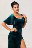Robe de demoiselle d’honneur en velours vert paon à manches courtes