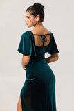 Robe de demoiselle d’honneur en velours vert paon à manches courtes