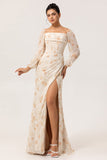 Jaune Floral Corset Fourreau Longue Robe de Demoiselle D’honneur À Manches Longues