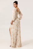 Jaune Floral Corset Fourreau Longue Robe de Demoiselle D’honneur À Manches Longues