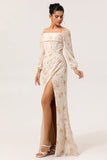 Jaune Floral Corset Fourreau Longue Robe de Demoiselle D’honneur À Manches Longues
