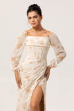 Jaune Floral Corset Fourreau Longue Robe de Demoiselle D’honneur À Manches Longues
