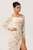 Jaune Floral Corset Fourreau Longue Robe de Demoiselle D’honneur À Manches Longues