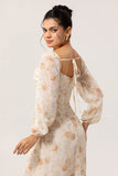 Jaune Floral Corset Fourreau Longue Robe de Demoiselle D’honneur À Manches Longues