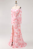 Robe de demoiselle d’honneur à manches longues à manches longues sirène sirène de fleur rose avec fente