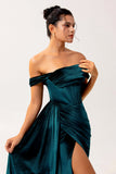 Robe de demoiselle d’honneur en velours vert paon à épaule dénudée avec ceinture