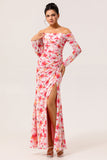 Fourreau floral rose épaule dénudée robe longue d’invitée de mariage
