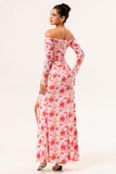 Fourreau floral rose épaule dénudée robe longue d’invitée de mariage