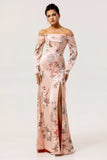Épaule dénudée Blush Floral Gaine Longue Robe d’invité de mariage avec fente