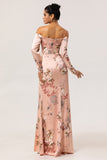 Épaule dénudée Blush Floral Gaine Longue Robe d’invité de mariage avec fente