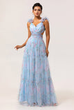 Bleu Une ligne découpée Floral longue robe de demoiselle d’honneur