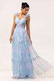 Bleu Une ligne découpée Floral longue robe de demoiselle d’honneur
