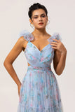 Bleu Une ligne découpée Floral longue robe de demoiselle d’honneur