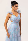 Bleu Une ligne découpée Floral longue robe de demoiselle d’honneur