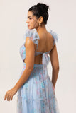 Bleu Une ligne découpée Floral longue robe de demoiselle d’honneur