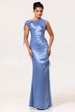 Robe de demoiselle d’honneur en satin bleu à une épaule avec fente