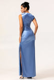 Robe de demoiselle d’honneur en satin bleu à une épaule avec fente