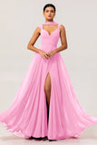 Robe de demoiselle d'honneur convertible en mousseline de soie fuchsia ligne A avec fente