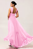 Robe de demoiselle d'honneur convertible en mousseline de soie fuchsia ligne A avec fente