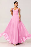 Robe de demoiselle d'honneur convertible en mousseline de soie fuchsia ligne A avec fente