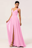 Robe de demoiselle d'honneur convertible en mousseline de soie fuchsia ligne A avec fente
