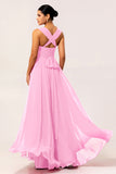 Robe de demoiselle d'honneur convertible en mousseline de soie fuchsia ligne A avec fente