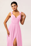 Robe de demoiselle d'honneur convertible en mousseline de soie fuchsia ligne A avec fente