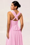 Robe de demoiselle d'honneur convertible en mousseline de soie fuchsia ligne A avec fente