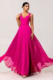 Fuchsia Une ligne convertible Robe de demoiselle d’honneur longue en mousseline de soie avec fente