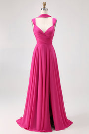 Robe de demoiselle d'honneur convertible en mousseline de soie fuchsia ligne A avec fente