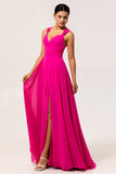 Fuchsia Une ligne convertible Robe de demoiselle d’honneur longue en mousseline de soie avec fente