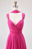 Robe de demoiselle d’honneur convertible en mousseline de soie Fuchsia A Line avec fente