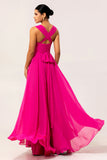 Fuchsia Une ligne convertible Robe de demoiselle d’honneur longue en mousseline de soie avec fente