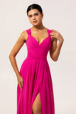 Fuchsia Une ligne convertible Robe de demoiselle d’honneur longue en mousseline de soie avec fente
