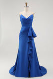 Robe de Soirée sirène bleu royal sans bretelles avec ceinture