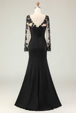 Robe longue mère de la mariée à col en V sirène noire avec appliques de dentelle