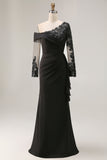 Fourreau noir Asymétrique Longue Mère de la Mariée Robe Avec Appliques de Dentelle