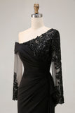 Fourreau noir Asymétrique Longue Mère de la Mariée Robe Avec Appliques de Dentelle
