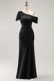 Robe asymétrique noire sirène mère de la mariée avec appliques