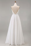 Robe de mariée longue en dentelle blanche à col en V coupe trapèze élégante