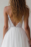 Dentelle Une Ligne Col V Longue Robe De Mariée Blanche