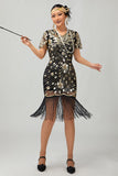 Robe noire à paillettes dorées des années 1920 avec franges