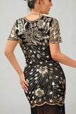 Robe noire à paillettes dorées des années 1920 avec franges